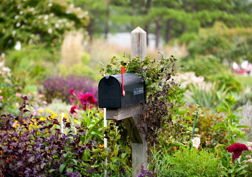 Mailbox surrounded by flowers - Being a penpal to your grandchildren - Adventures in NanaLand