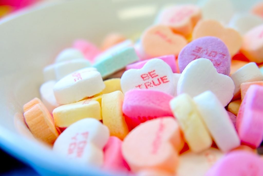 Conversation heart candies in a bowl - Valentine's ideas for kids - Adventures in NanaLand