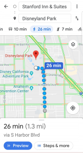Screenshot of walking directions from Standford Inn and Suites to Disneyland - Adventures in NanaLand