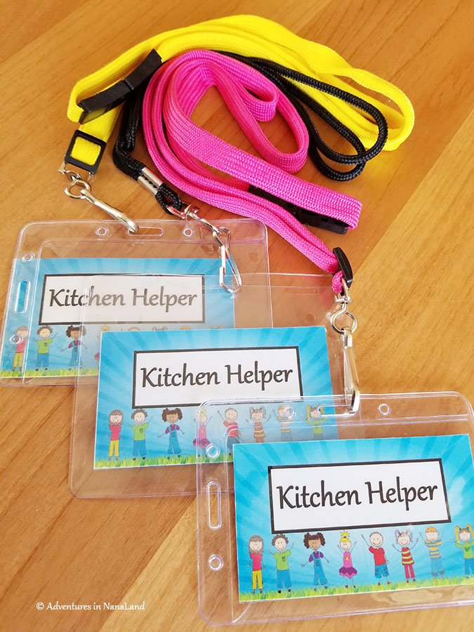 Kitchen helper badges on colorful lanyards - Adventures in NanaLand