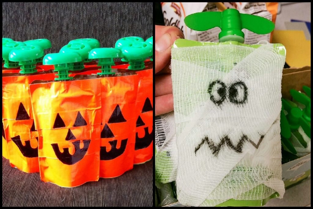 Applesauce packets wrapped in gauze with scary faces drawn on them- Non-candy Halloween treats - Adventures in NanaLand