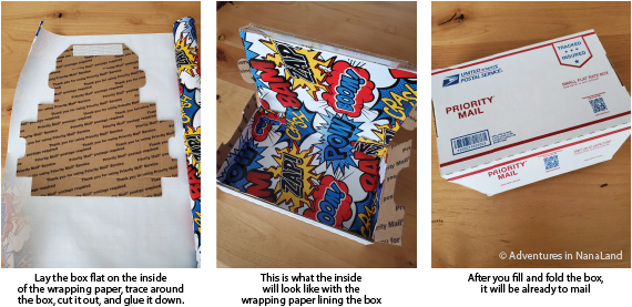 Collage of mailer box with birthday wrapping on the inside ready to mail - creative ways to give money - Adventures in NanaLand
